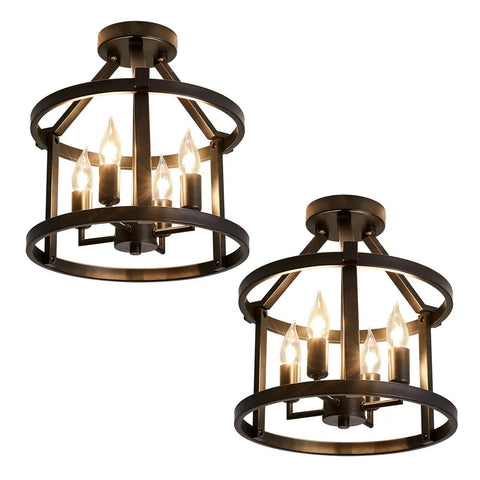 2-Pack Semi Flush Mount Ceiling Light Fixture Farmhouse Matte Black Metal With Open Drum Shade