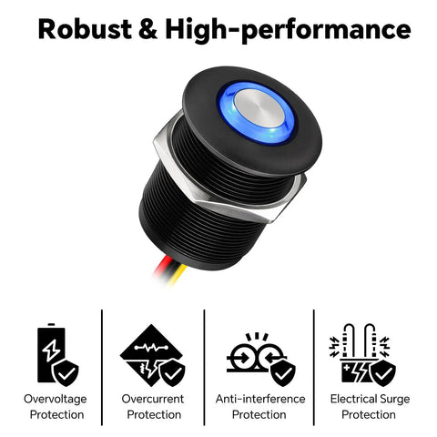 Built Tough 12 Volt Light Dimmer PWM Switch For RV And Boat Featuring Sleek Blue Backlight with overcurrent protection features.