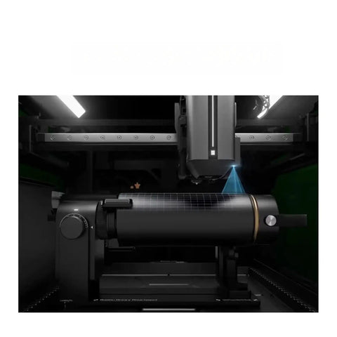 Laser Edition Rotary Shaft Adapter For Bambu Lab H2D H2C H2S 3D Printers Equipped With Lidar Tracking And Camera View Spot On Cylinder Engraving Legit Precision Every Single Time A Total Game Changer in use, focusing on a black cylinder.