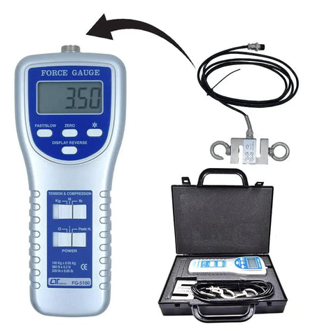 Heavy Duty Digital Force Gauge With 100 Kg Capacity Dual Hook Tension And Compression Tester For Industrial Lab And Quality Control Applications Push Pull Gauge FG5100, digital display, cable and case