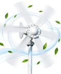 800W Wind Turbine Generator Kit With 12V 24V Output, 6 Blade Windmill spinning with leaves and wind flow, white background.