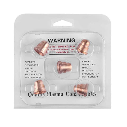 Blister pack of Plasma Cutter Nozzle Tips Set for 45A Torch, Premium Copper Nozzles, Durable 5 Pack Replacement Consumables, 220930