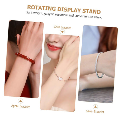 Solar Powered Rotating Display Turntable For Jewelry Phones And Accessories Lightweight Compact Electric Showcase Stand With Good Load Capacity showcases agate, gold, and silver bracelets.