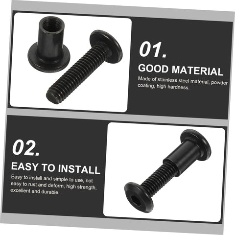 Top Shelf Five Piece Pack Of Black Stainless Steel Binding Screws And Nuts For Scrapbooks Photo Albums And Bookbinding With Countersunk Flat Head For No Sweat Setup, showing two screws with flat heads.
