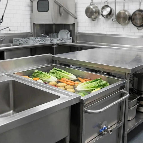 Heavy Duty Commercial Food Prep Cart With Slick Rolling Locking Casters Featuring Deep 304 Stainless Steel Soak Tank in busy kitchen with vegetables.