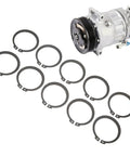 50Pcs Circlip Snap Retaining Rings Kit For 507 AC Compressor Clutch Black Iron C Clips Set With 1.8mm Thick Rings 49.44mm OD And 40.69mm ID Beefed Up Fastener Rings displayed with AC compressor