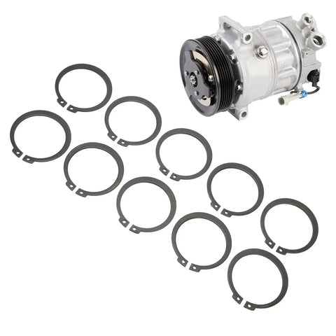 50Pcs Circlip Snap Retaining Rings Kit For 507 AC Compressor Clutch Black Iron C Clips Set With 1.8mm Thick Rings 49.44mm OD And 40.69mm ID Beefed Up Fastener Rings displayed with AC compressor