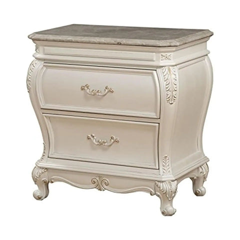 Timeless Tradition Nightstand With Granite Top In Pearl White Veneer, Full Extension Drawer Glides, decorative wood carvings