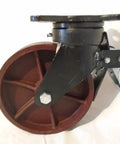 Badass Heavy Duty 8 Inch Diameter 2 Inch Wide Kingpinless Drop Forged Swivel Caster With Total Lock Brake And Maintenance Free Ductile Steel Wheel Rolls Like A Dream Rated For 2000 Lbs Each side view showing red ductile steel wheel and locking mechanism.