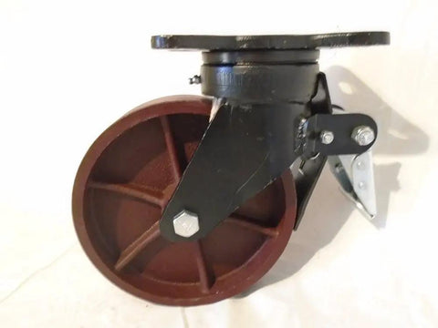 Badass Heavy Duty 8 Inch Diameter 2 Inch Wide Kingpinless Drop Forged Swivel Caster With Total Lock Brake And Maintenance Free Ductile Steel Wheel Rolls Like A Dream Rated For 2000 Lbs Each side view showing red ductile steel wheel and locking mechanism.