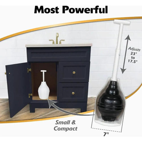 Top Tier Beehive Styled Toilet Plunger With Durable Fifteen Inch Grip And Six Inch Rubber Suction Cup shown under sink.
