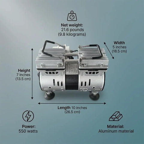 550W Silent Oilless Vacuum Air Pump With Aluminum Alloy Build. Industrial Piston High Flow Compressor Head For Laminating, Dental Tables And Large Pond Aeration. Rust Proof Design Ensures Long Lasting Performance For Heavy Duty Equipment Needs