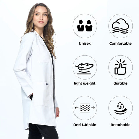 Unisex Lab Coat 35 Inch White Medical Coat With Notched Collar, Four Button Front, Chest Pocket, Two Large Patch Pockets
