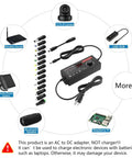 Adjustable DC Power Supply 3.5 to 12V 10A 120W AC to DC Adapter with 14 tips, polarity converter, and product connections for electronics.