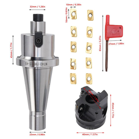 Essential CNC Milling Gear Kit Featuring NT40 FMB22 High Speed Face End Mill Holder With Indexable Cutter And Ten Pieces Of APMT1604 Carbide Inserts For Precision Machining And Horizontal Boring Operations, including NT40 holder and carbide inserts.