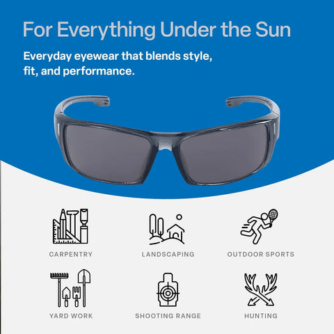 Dorado Anti Fog Safety Glasses With Lightweight Design, Impact And Scratch Resistant Lenses, UV Blocking Sunglasses For Hunting, Shooting, Outdoor Sports And Construction, Smoke Crystal Black displayed on promotional poster with icons for various outdoor activities.