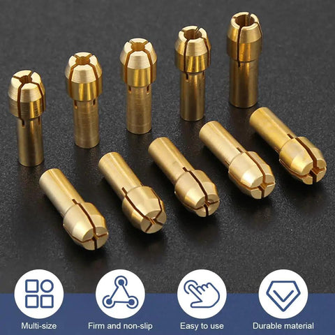 Drill Chuck Collet Set For Dremel Tools, 28 Piece Kit showing 10 multi-size brass collets.