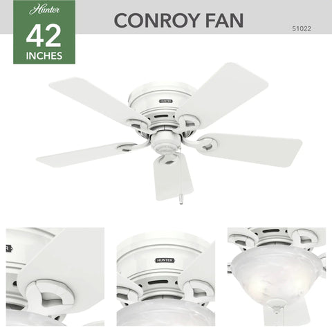 Conroy Indoor Low Profile Ceiling Fan With LED Light And Pull Chain Control 42 Inch Snow White Finish, multi-angle views