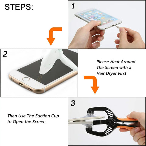 Step-by-step guide using Screen Opening Tool Set 2 Piece Pliers And Suction Cup Screen Repair Kit for phones and tablets.