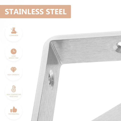Close-up of 2 Pack Heavy Duty L Shaped Shelf Brackets Wall Mounts with thick diagonal brace stainless steel silver finish for wood shelves