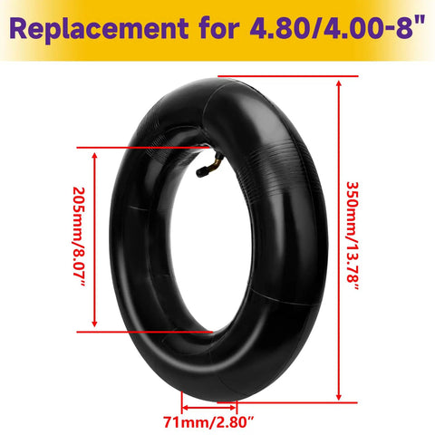 Beefed-Up 4.80-8 Inner Tube Replacement with TR87 Bent Valve, dimensions shown, for wheelbarrows, trailers, and mowers.