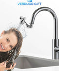 Woman using 1080 Degree Swivel Faucet Aerator With Dual Water Outlet Modes for washing hair, with large angle rotating splash filter.