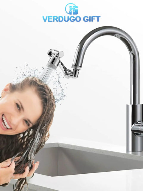 Woman using 1080 Degree Swivel Faucet Aerator With Dual Water Outlet Modes for washing hair, with large angle rotating splash filter.