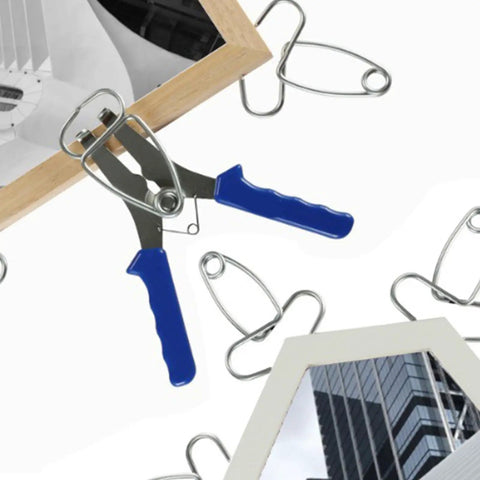 Heavy Duty Miter Spring Clamps Kit With Pro Pliers For Wood Trim And Picture Frames, Stainless Steel Corner Loading Tools Perfect for Furniture Assembly And Home DIY Projects That Get The Job Done Fast, blue-handled clamp on wood frame