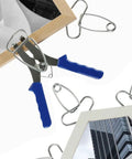 Essential Miter Clamps For Frames And Moldings Made Of Durable Steel With Ergonomic Grip Handles For Tough Woodworking Projects And Quick Spring Clip Installation Corner Tools, blue handles on wood frame