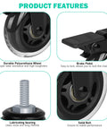Image showing features of Three Inch Casters With 5/16-18 UNC Threaded Stem Two Casters With Brake Lock And Three Without Locking Bearing Swivel Casters.