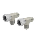 Two Pack Hydraulic Hose Adapter Fitting Set 3/8 Inch Male JIC 37 Degree Flare 9/16-18 UNF, 3/8 Inch Female JIC 37 Degree Swivel 9/16-18 UNF, 3/8 Inch Male JIC 37 Degree Flare Tee Joint Connector Carbon Steel two fittings shown