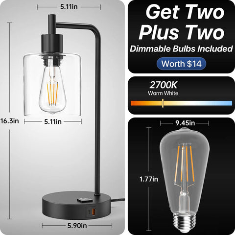 Upgraded Touch Control Desk Lamp With USB A And USB C Ports, AC Outlet, 3 Way Dimmable Glass Shade, size dimensions shown, two included.