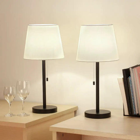 Set of 2 Modern Bedside Lamps in Black and White, Ideal for Bedroom, Dorm, Living Room, or Office, 20 Inch Height, Easy Reach Pull Chain Switch