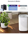 Replacement Filter Set For LV H128 Air Purifier With Easy Install 3 Stage Dual Filtration And Activated Carbon AHAM Verifide Verified Traps Dust Smoke Pollen For Ya 2 Pack LV H128 RF Compatible on a desk next to a plant, showing an air purifier beside the filter comparison chart.