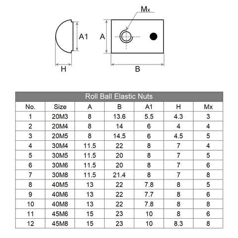 Technical diagram of Roll-In Spring M4 T Nut for 4040 Aluminum Extrusion sizes, showing dimensions for ball-driven elastic T-slot nuts.