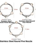Image showing three stainless steel high pressure atomizing nozzle options for sprayers, featuring pro grade fine mist circular spray pattern.