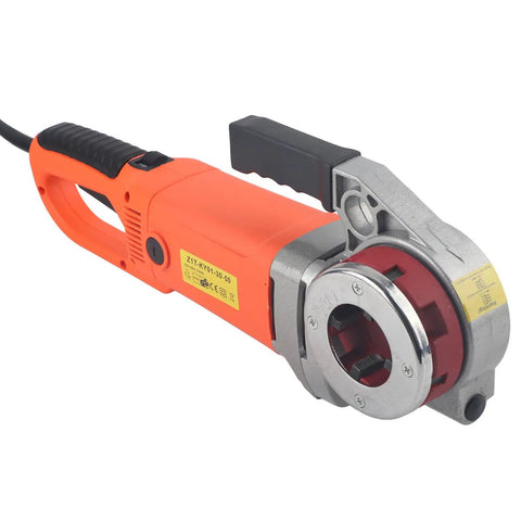 Portable Electric Pipe Threader Kit With Six Top Tier Dies Handheld Threading Machine Rips Through Iron And Galvanized Pipes With Zero Sweat Us Plug, close-up of orange threaded unit.