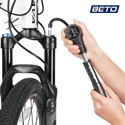 Using High Pressure MTB Tire And Shock Pump 300 PSI For Rear Shock And Suspension Fork With Dial Gauge on mountain bike