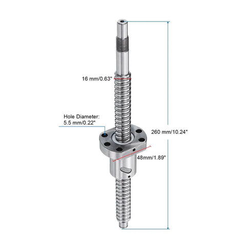 Illustration of Beefy Ball Screw SFU1605 16mm Diameter 5mm Lead 260mm Length with Anti Backlash Kit for CNC Machines