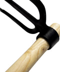 Close-up of 55 Inch Solid Wood Replacement Handle For Garden Hoe And Spading Tools With Protective Paint Finish attached to fork head.