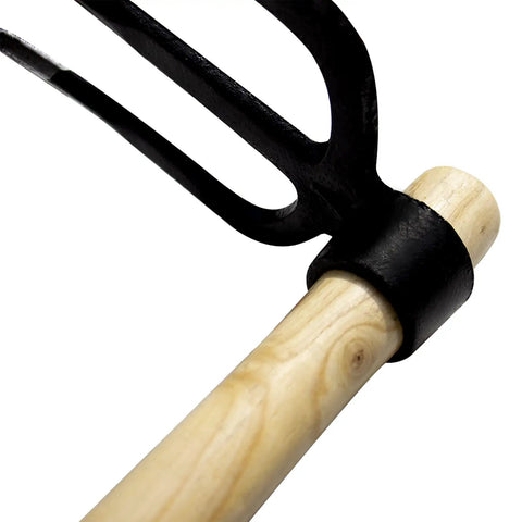 Close-up of 55 Inch Solid Wood Replacement Handle For Garden Hoe And Spading Tools With Protective Paint Finish attached to fork head.