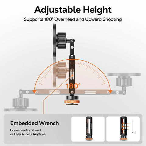 Diagram showing adjustable height and 180-degree rotation of All Metal MagSafe Tripod Mount With 360 Degree Adjustable Phone Holder