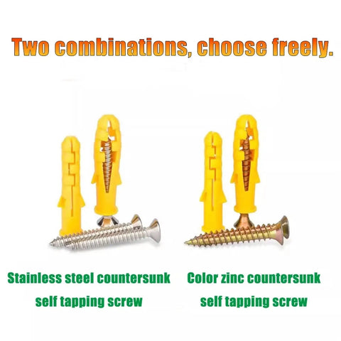 All Purpose Drywall Anchors And Screws Kit, 50 Sets Self-Tapping Wall Plugs And Screws, No-Prep Install, Self-Drilling, Yellow Zinc Plated Carbon Steel, Rust Resistant DIY Friendly Mounting Set For Cabinets, Shelves, TVs, And Decor, two screw finishes shown