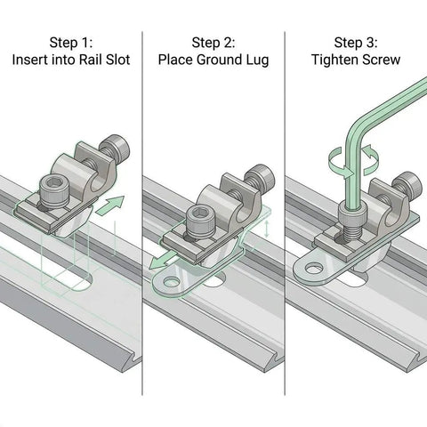 Rock Solid Grounding Lugs 25 Pack Aluminum Alloy Solar Rail Connectors installation steps showing lugs attaching to rail slots.