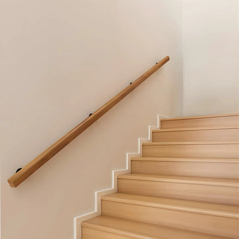 Premium Solid Wood Stair Handrail 2 Foot Wall Mounted Guardrail Built Like A Tank For Indoor Outdoor Safety along a staircase.