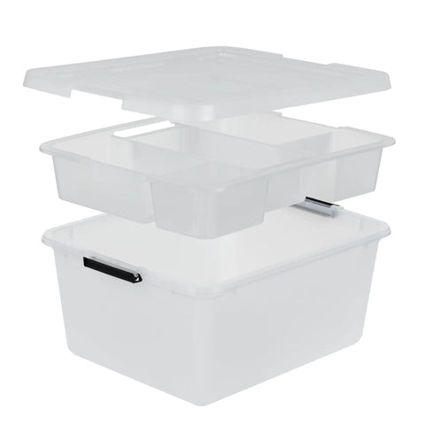 Clear 18 Qt Storage Organizer With Removable Dividers And Lid, Stackable Plastic Box For Crafts, Tools, Office And Pantry Gear