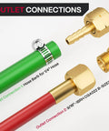 Outlet connections of Go-To Dual Stage Oxygen And Acetylene Regulator Set showing 1/4 inch and 9/16 inch size hoses