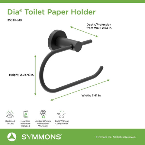 Dia 4-Piece Wall Mounted Bathroom Hardware Set In Matte Black With Toilet Paper Holder, 7.41 in width, lifetime warranty