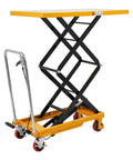 Badass Hydraulic Lift Table Cart With Slick Smooth Operation And Seriously Hefty 770 Pound Capacity For Garage Projects, showing black and yellow scissor lift design.