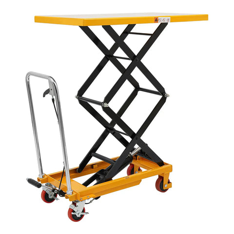Heavy Duty Hydraulic Lift Table Cart Featuring 770 Pound Load Capacity And Rock Solid Double Scissor Mechanism For Warehouse Operations Makes Daily Hauling A Total Breeze, showcasing the cart's robust design and scissor lift.